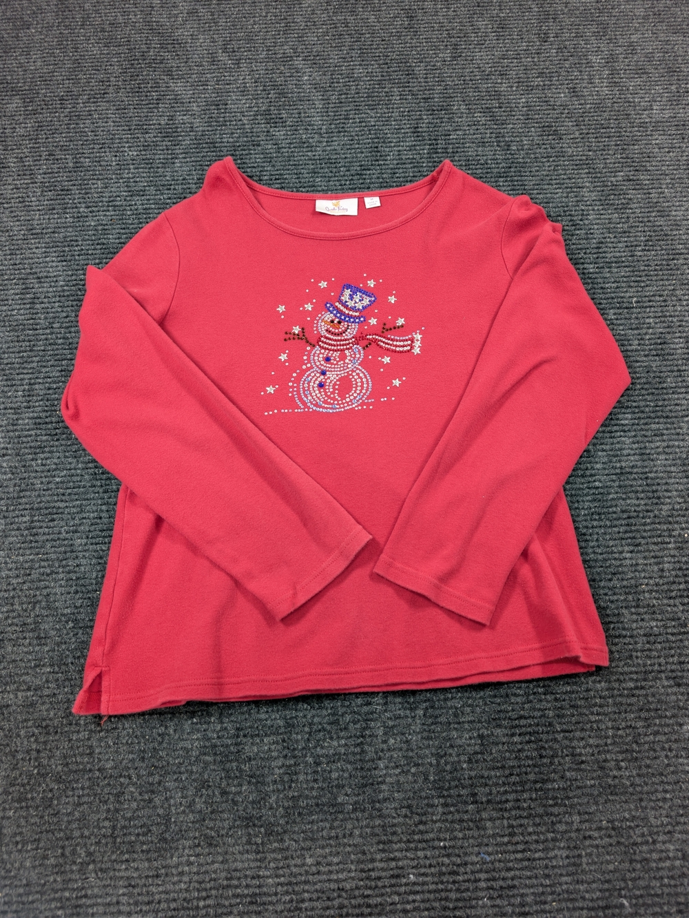 Quacker Factory Red Long-Sleeve Top with Rhinestone Snowman